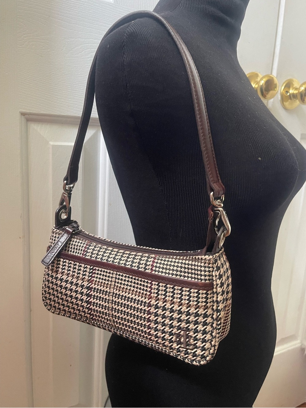 Ralph Lauren Brown Houndstooth Shoulder Bag with Leather Trim